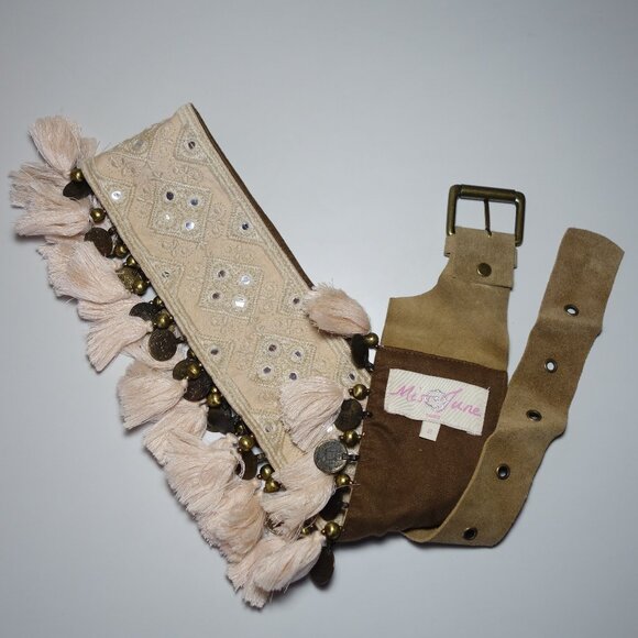 Miss June Paris Embroidered Bohemian Fringe Belt w/ Coin & Leather Accents, Sz 2 main image 11